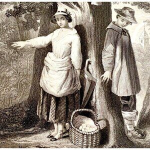 Bashful Lovers In Rain Tree Steel Engraving 1859 Victorian Romance Art DWY5D